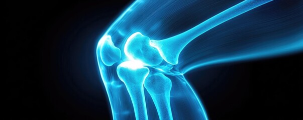Naklejka premium X-ray of knee joint advanced medical treatment concept. A close-up of an illuminated knee joint in a dark background.