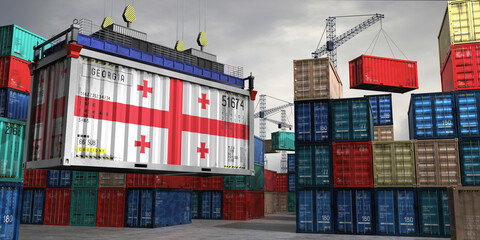 Fototapeta premium Cargo container with flag of Georgia lifted by crane at freight terminal - 3D illustration