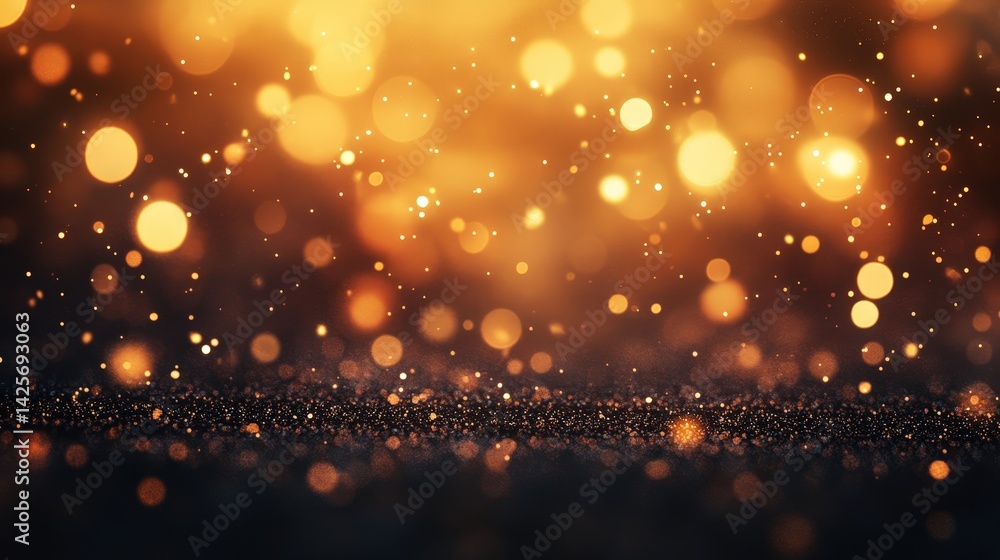 Poster a dreamy gold bokeh landscape with tiny glowing orbs floating in the distance