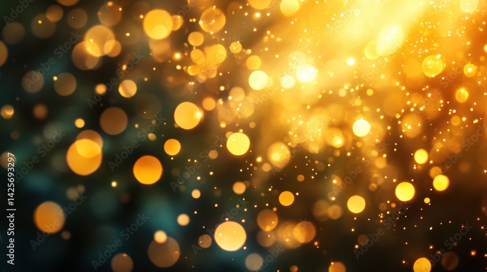 Poster a dreamy golden bokeh scene with out-of-focus light reflections creating a magical atmosphere.