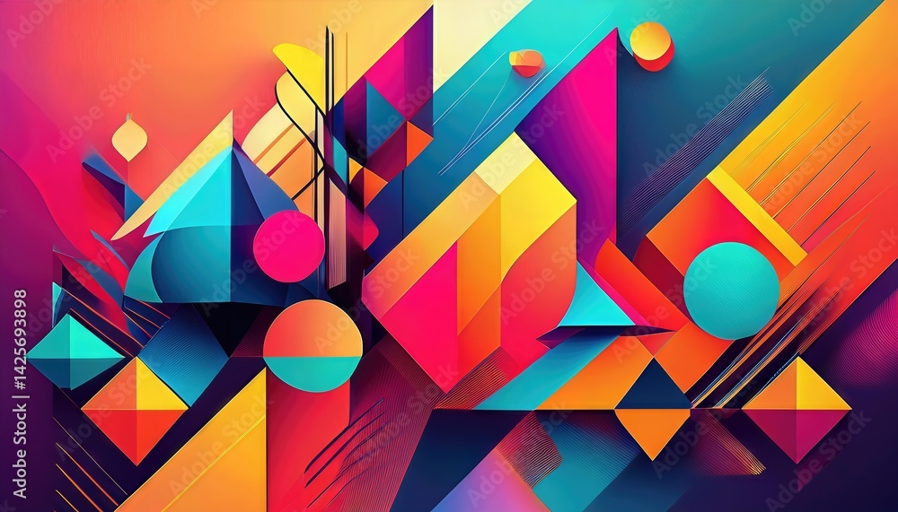 Poster vibrant geometric abstraction a kaleidoscope of colors in a swirling symphony of abstract shapes, em
