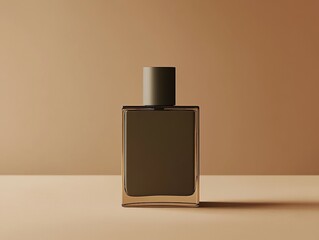 A sleek, minimalist perfume bottle with a square design, set against a warm beige backdrop, elegant simplicity.