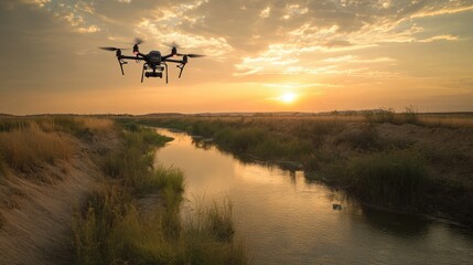 A drone capturing high-resolution geographical data for AI-driven environmental analysis.
