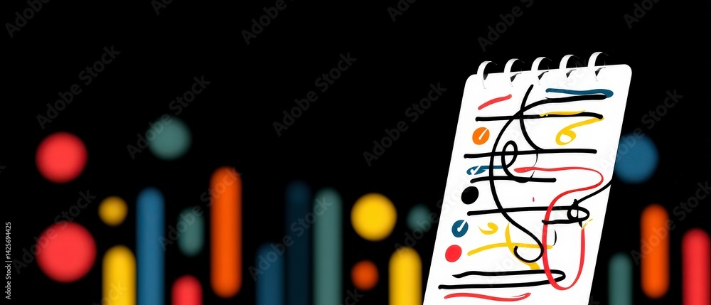 Poster abstract music notes sketch on notepad colorful background artistic design