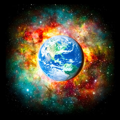 Fototapeta premium Earth nestled in vibrant nebula; cosmic background; space exploration; science education