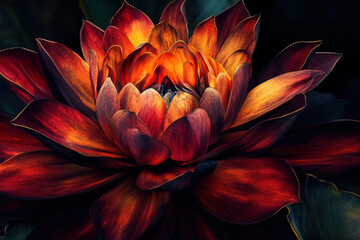 Red and orange lotus flower blooming in dark background