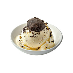A creamy scoop of ice cream topped with shaved truffles, served elegantly in a white bowl.