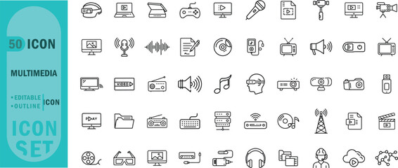 Multimedia editable outline icon set. Audio video camera broadcast media and more.