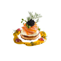 A gourmet dish featuring smoked salmon layered atop a savory pancake, adorned with caviar and garnished with fresh herbs.