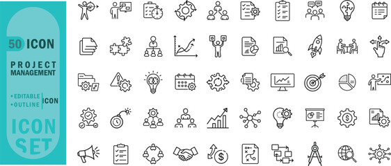 Project management editable outline icon set. Strategy, planning, teamwork, task, goal, report, deadline, and more.