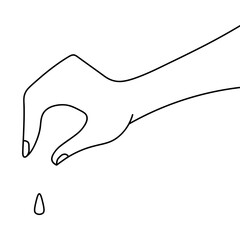 Hand throws a seed into the ground. Sketch. Grain for germination. Vector illustration. Outline on an isolated white background. Doodle style. Coloring book for children. Idea for web design.