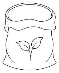 Empty soil bag. Peat bag. On the label there is a sprout with leaves. Sketch. Vector illustration. Outline on an isolated white background. Doodle style. Coloring book for children. 