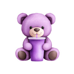 Obraz premium Cute purple teddy bear enjoying a drink in a playful mood. isolated against a transparent background.