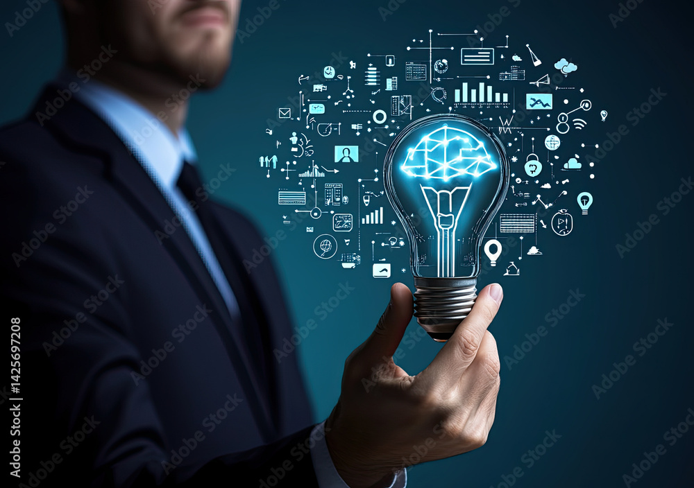 Poster business intelligence concept with businessman holding smart lightbulb and data analysis graphics fo