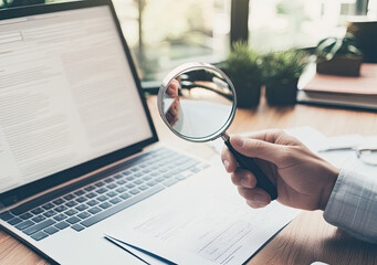Hand Holding Magnifying Glass Analyzing Documents on Laptop Desk Recruitment Job Search Concept