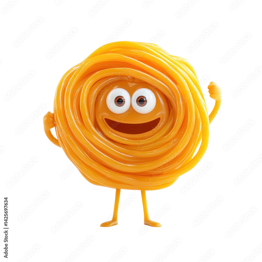 Poster happy pasta character enjoying a playful pose with a cheerful expression in a bright and colorful se