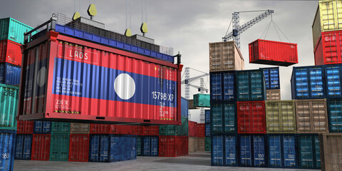 Fototapeta premium Cargo container with flag of Laos lifted by crane at freight terminal - 3D illustration