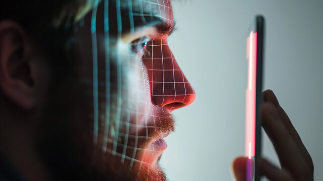 Person using facial recognition on a smartphone for secure banking. Cyber security system