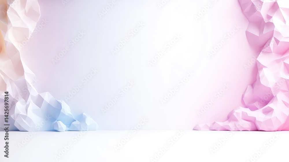 Poster pastel paper sculptures soft gradient lighting wide landscape view textured abstract forms minimalis