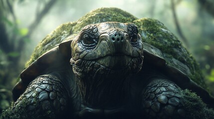 Fototapeta premium Mossy tortoise in rainforest, close-up.