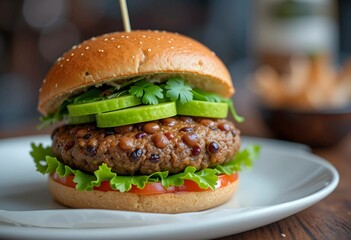 Gourmet Veggie Burger with Avocado and Black Bean Patty