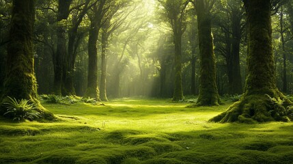 Obraz premium Mossy forest floor, light filtering through trees, creating magical woodland scene