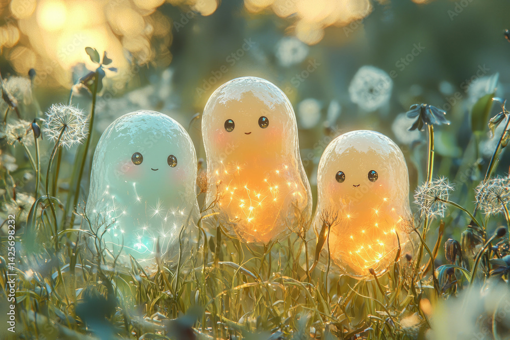 Poster three adorable glowing creatures nestled in a sunlit dandelion field.