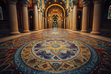 Obraz premium Luxurious mosaic floor stretching through ornate hallway with columns
