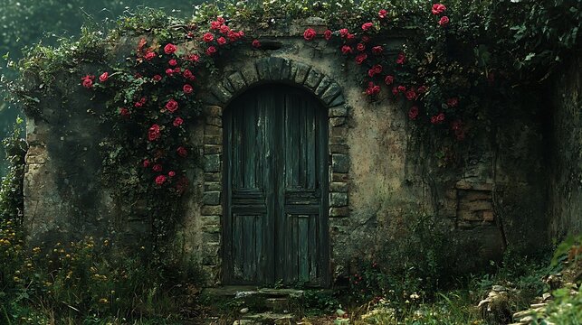 Rusted Doorway, Roses, Misty Woods - Powered by Adobe