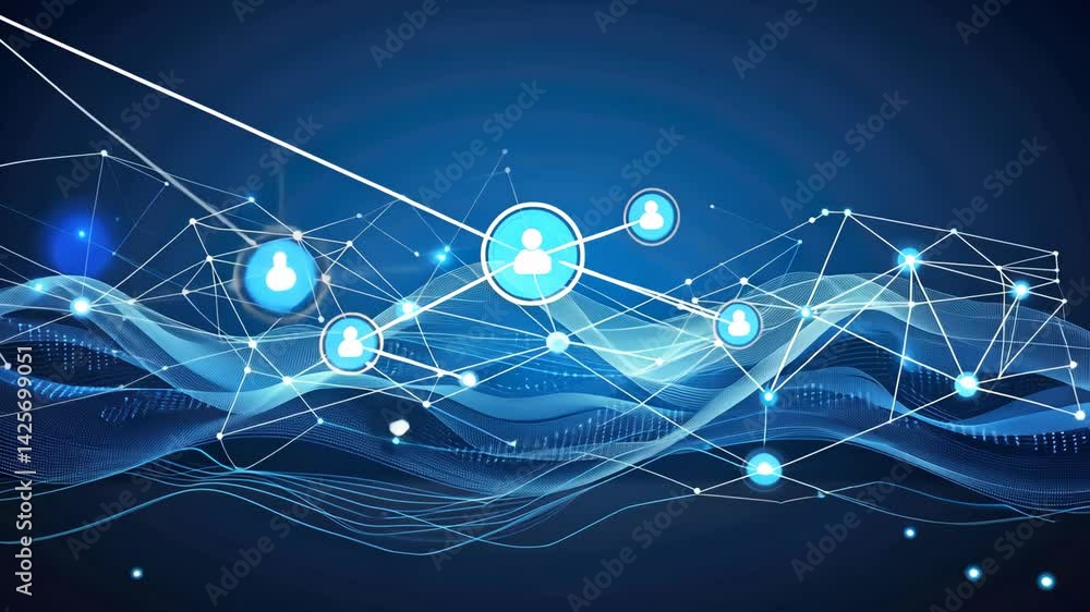 Poster visualizing the dynamic interaction of data points and connections in a digital environment highligh