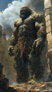 Stone skinned cyclops with glowing red eyes emerges from ancient ruins, towering over warriors in a misty, mythic landscape. Vertical video