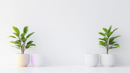 Obraz premium Two small potted plants on a white surface against a white wall