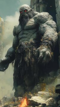 Stone skinned cyclops with glowing red eyes emerges from ancient ruins, towering over warriors in a misty, mythic landscape. Vertical video