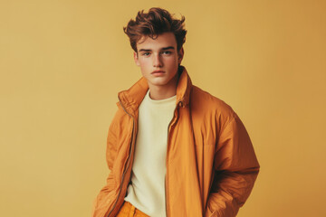 Obraz premium Fashionable young man showcasing contemporary streetwear against a vibrant backdrop