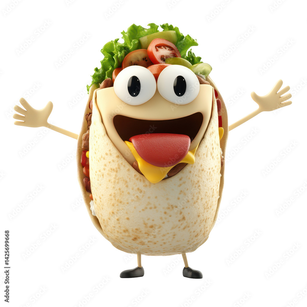 Poster fun and playful cartoon character representing a taco with vibrant toppings and a cheerful expressio