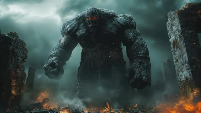 Stone skinned cyclops with glowing red eyes emerges from ancient ruins, towering over warriors in a misty, mythic landscape.