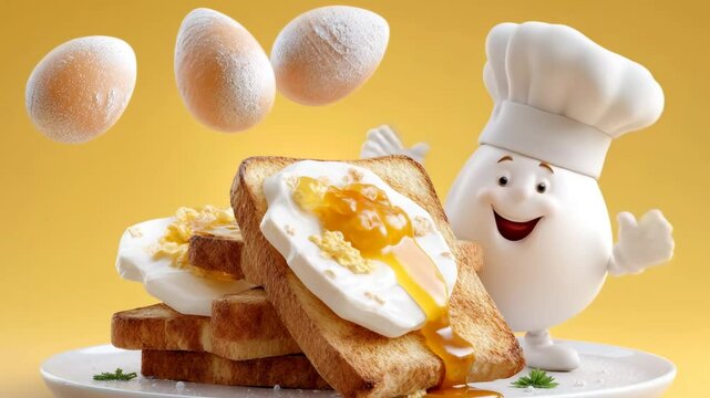 Cute egg character in chef hat gesturing near toast with fried eggs and yolk. 4K video