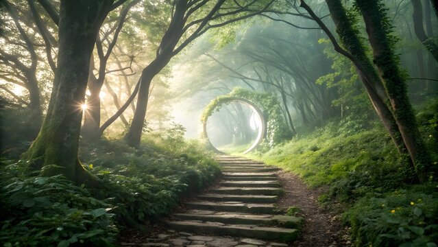 A mystical forest path leading to a sunlit circular portal, shrouded in morning mist and soft light, creating an ethereal and enchanting atmosphere.