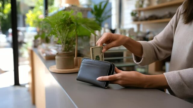 Person placing lottery ticket into a wallet in a morning shop