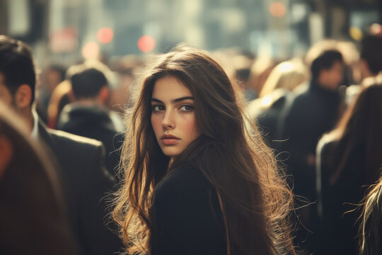 Young woman turning around in a crowd of people outdoors