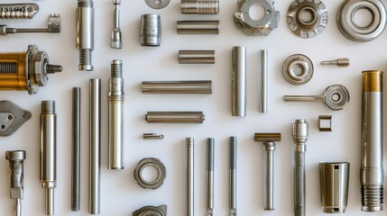 Collection of Various Metal Parts and Components Arranged on a White Background for Industrial Use