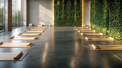 A modern yoga studio with concrete flooring polished to a smooth shine
