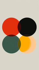 A vibrant interplay of overlapping circles in red, black, teal, gold, and peach, creating a sense of unity and balance against a muted background.