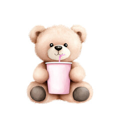 Cute teddy bear enjoying a drink, perfect for children's themes. isolated against a transparent background.