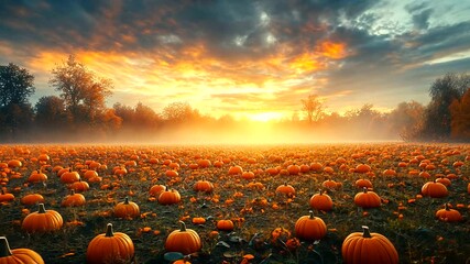 Vibrant pumpkin field at sunset with misty background - Powered by Adobe