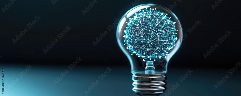 Poster hands of robot and human touching with science technology innovation concept. illuminated light bulb