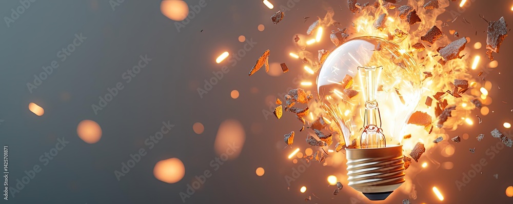 Poster Explosion of lightbulb with creativity and crash effect concept. Exploding light bulb symbolizing innovation and creativity.