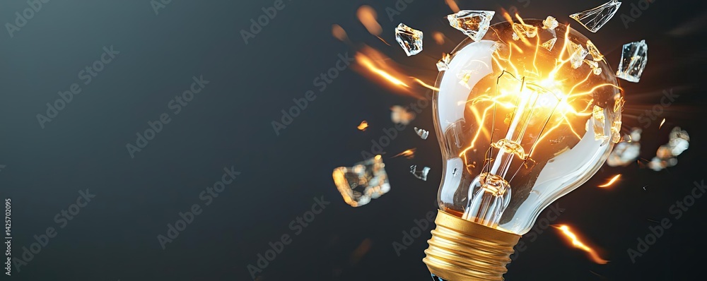 Aufkleber explosion of lightbulb with conceptual creativity crash concept. a broken light bulb with sparks ill