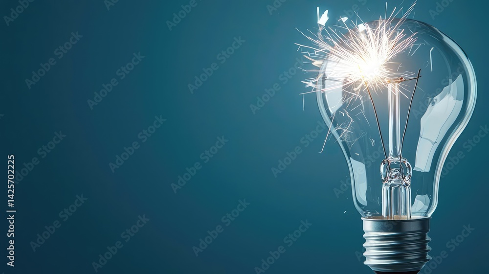 Poster explosion of lightbulb with conceptual creativity crash concept. a glowing light bulb with a spark, 