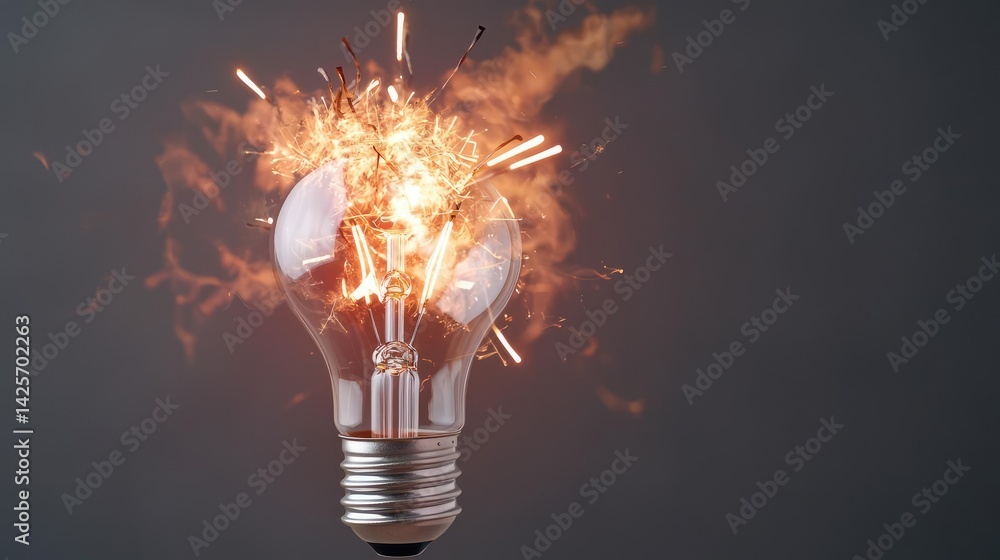 Aufkleber explosion of lightbulb with conceptual creativity crash concept. bright sparks erupting from a broke